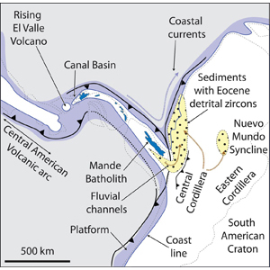 A figure showing what the land connection between the Panama arc and northwestern South America might have looked like during the Middle Miocene. (Excerpted from Montes et al. 2015)