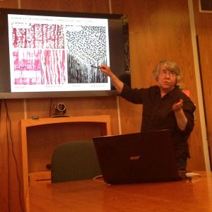 Elisabeth Wheeler presenting her research on wood anatomy at Dickinson Hall. (Photo courtesy of Dawn Mitchell)