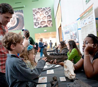 Mike Amish and his children Ava, 6, and Zander, 8, explore the paleontology table in the Central Gallery during opening day festivities of the Museum's new exhibit, “Titanoboa: Monster Snake.” © Florida Museum photo by Kristen Grace.