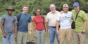 Researchers in the Pearl Islands: Ty Christian, Andy Kilmer, Nicole Cannarozzi, George Angehr, Jorge Pino and David Steadman. © Photo by PCP PIRE Staff.