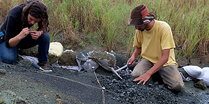 Maria Camila Vallejo and Federico Moreno, STRI interns, guided science journalist Gaia Vince to the fossil localities in the Panama Canal. © Photo by Nick Pattinson