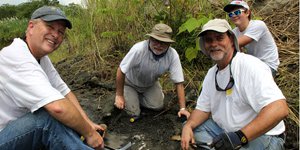 Doug Jones, Bruce MacFadden, Roger Portell and Zachary Jones at the time of the discovery of the sea cow fossil. © Photo by Dr. Charles O'Connor.