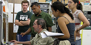 Martin Martinez (second from left to right) at FLMNH during his visit in the Spring. Also in the picture: Andy Kilmer (UF student), Tom Webber (manager of the Ornithology Collection), Yanet Mederos (Ornithology Collection) and Judith Carrion (SENACYT). © Photo by Jorge Pino.