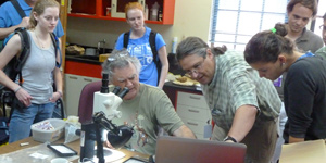 Gary Morgan, Jonathan Bloch and Maria Camila Vallejo during fossil identification.