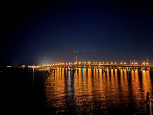 Pretty bridge lit up at night
