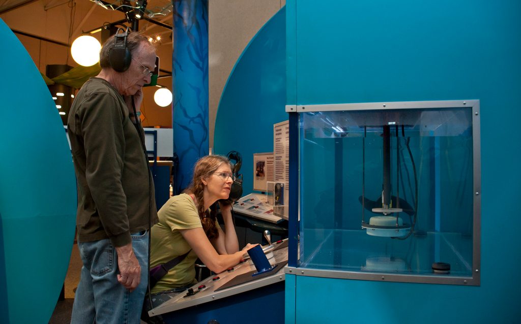 two visitors use headphones to listen to display in the Wild Music exhibit