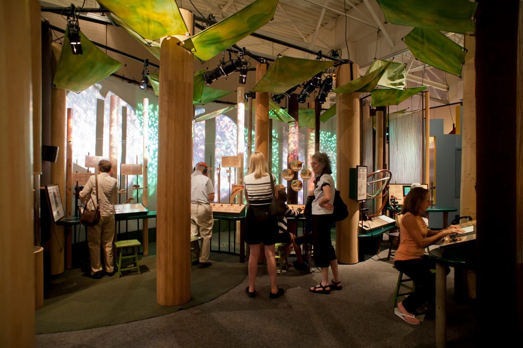 many visitors exploring the displays in the exhibit