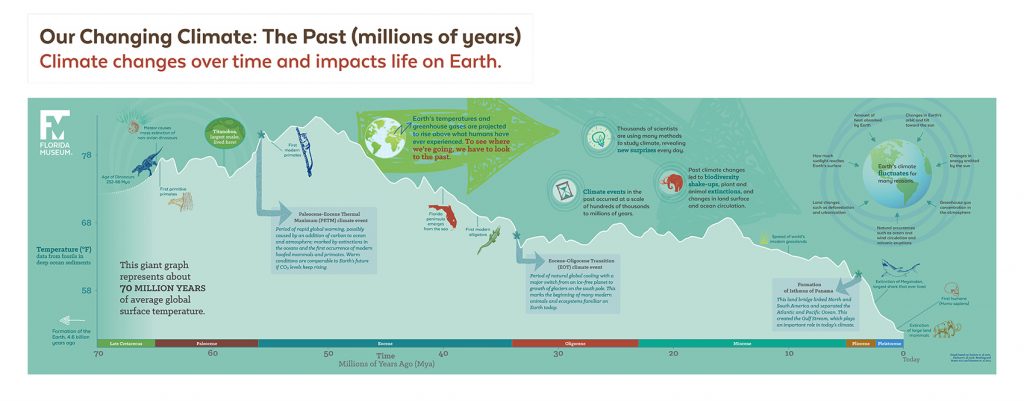 exhibit panel showing ancient climate temperatures on a graph