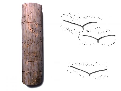 tree branch covered with "flying bird" shaped carving surrounded by small dots