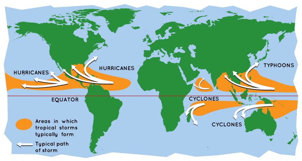 Map of the world where hurricanes, cyclones, and typhoons form and the direction they travel. 
