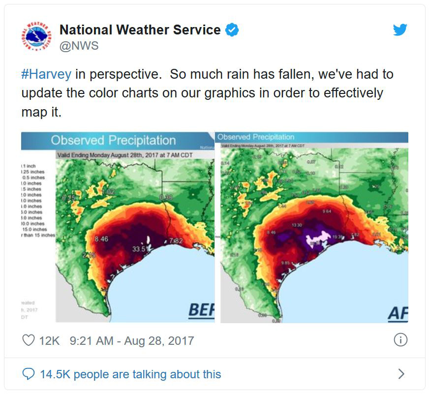 twitter post showing the precipitation during hurricane Harvey