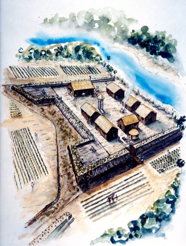 illustration of a dirt walled fort with buildings inside and farming activity outside