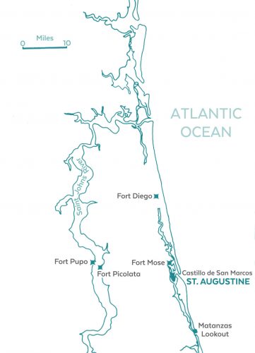 map showing northern Florida coast indicating location of St. Augusting and outlying forts and settlements