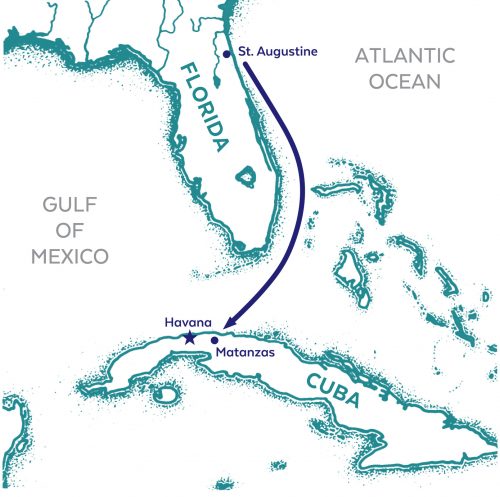 map showing florida and an arrow pointing to a specific spot in Cuba