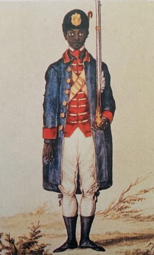 illustration of a Black soldier in a historic military uniform standing at attention with a rifle