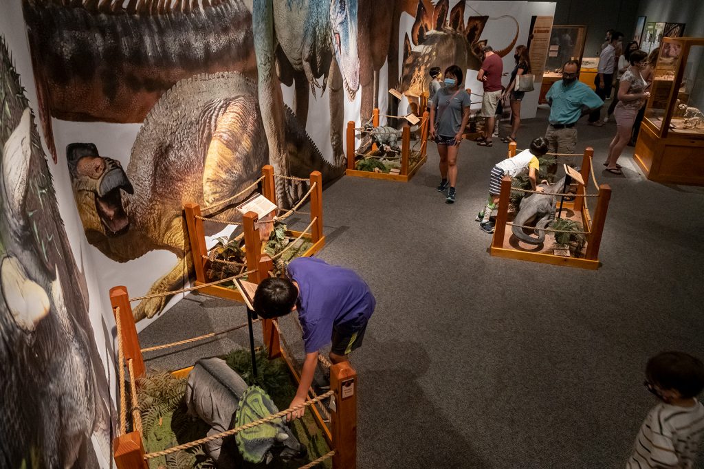 Young visitors lean into and touch the diorama displays in the interactive displays of the Tiny Titan exhibit