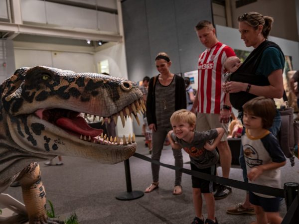 young children grin and lean close to a fabricated model of a large toothed predator on display in a museum exhibit