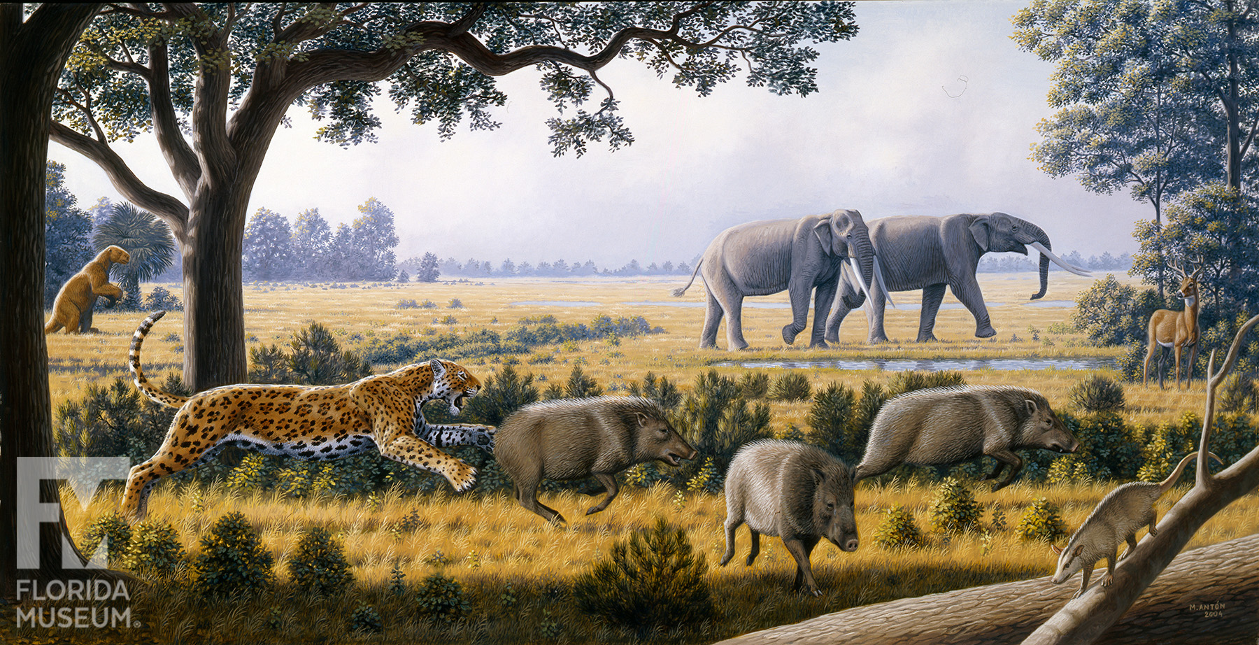 a landscape painting of open grassland with a leopard chasing boar-like animals in the front and several large elephants in the background