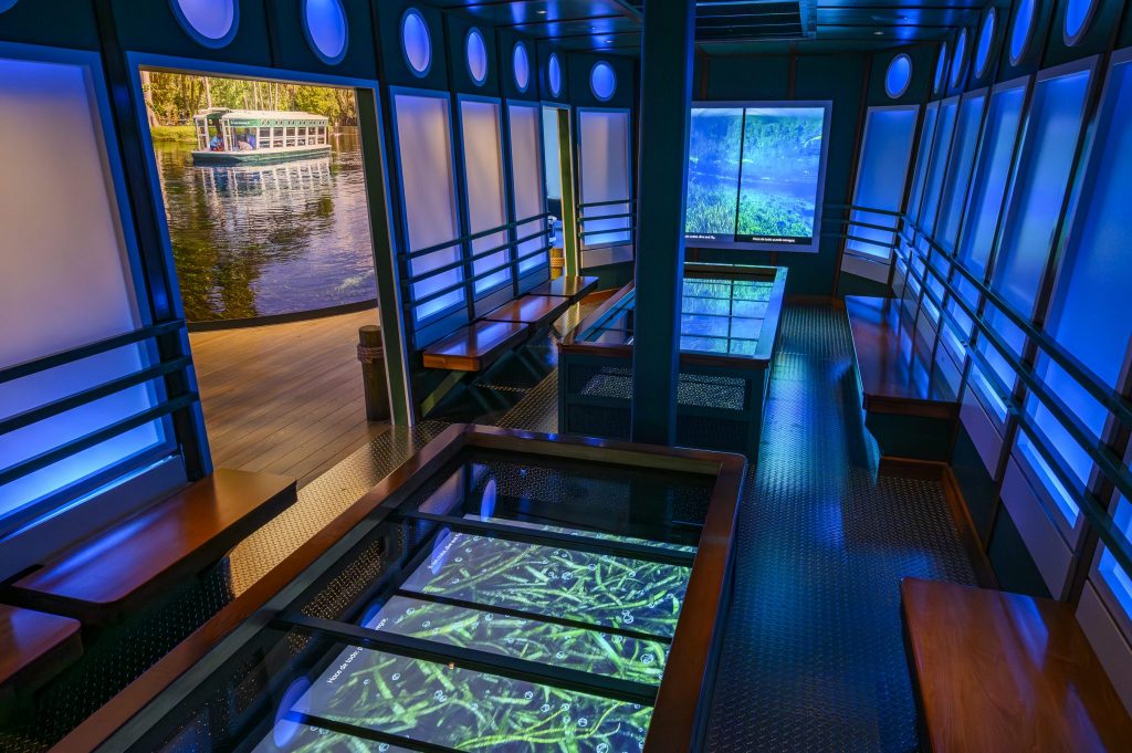 glass bottom boat simulation with blue lighting