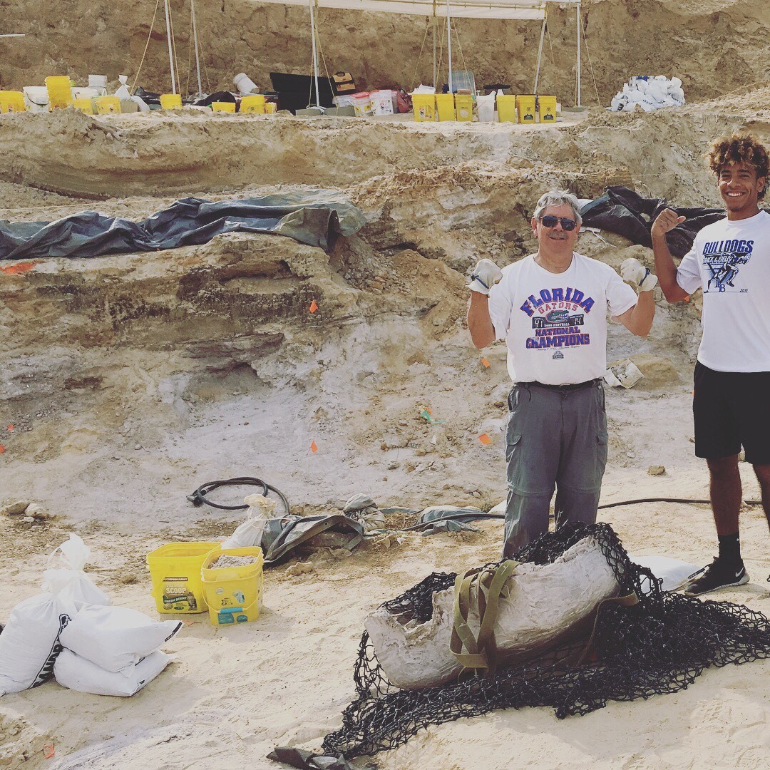 Bill Buhi and Sebastian Jimenez ready to move a large plaster jacket containing fossils of an elephant relative.