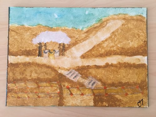 This is my first use of my paint set, I tried to capture the heat and work that has been put into this site. When deciding what to paint, all I could think back on was that hill and carrying buckets. I loved the dig, and I cannot wait to go out again! Art by Jordan Toney.