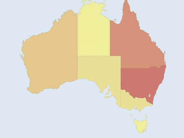 map of Australia with each state in colors shading from yellow to orange to red indicating number of shark attacks
