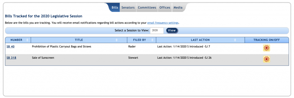 Screenshot of Florida Senate Legislative Tracker Interface