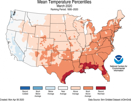 Map of March 2020 Average Temperatures in the US