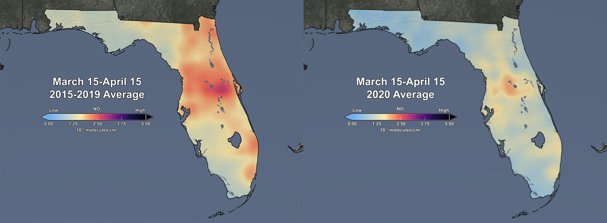 Left: The mean levels of NO2 over Florida from 2015 to 2019 during the period of March 15 to April 15. Right: NO2 levels over Florida from March 15 to April 15, 2020. (NASA)
