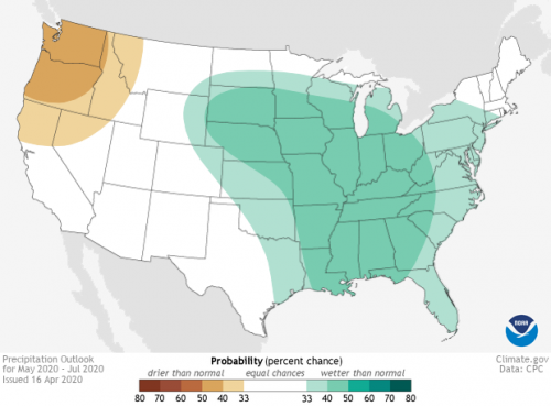 Map of Three-Month Precipitation Outlook for the United States. 