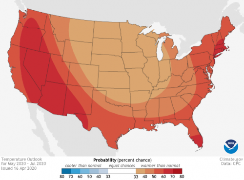 Map of Three-Month Outlook for Temperature in the United States. 