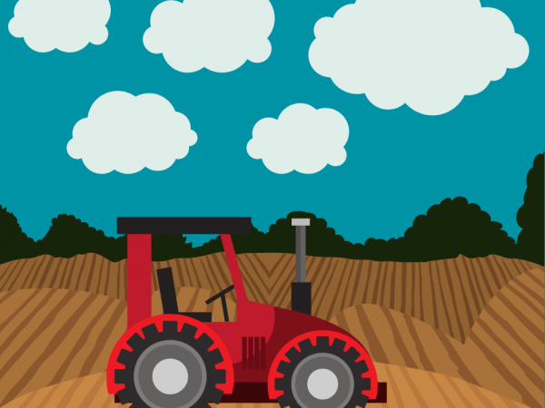 An animated tractor and field