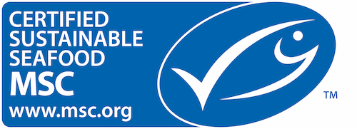 Logo of the Marine Stewardship Council Certified Sustainable Seafood, with a check mark and the outline of a fish on a blue background. 