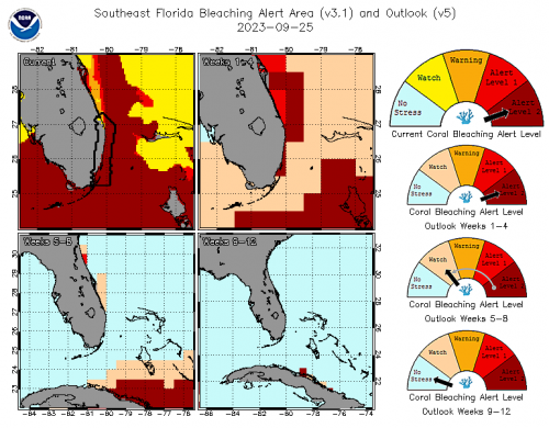 NOAA CRW Southeast Florida Coral Bleaching Alert Area Outlook (60% Probability) for the Weeks of September 25, 2023, Through Dec. 18, 2023. Alert Level 2 indicates that coral bleaching is likely to be widespread and significant mortality is likely.