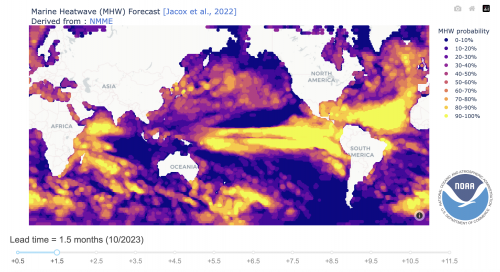 This map depicts predicted marine heatwave conditions in October 2023 as generated by the Physical Sciences Laboratory’s experimental forecast model. Credit: NOAA Physical Sciences Laboratory.