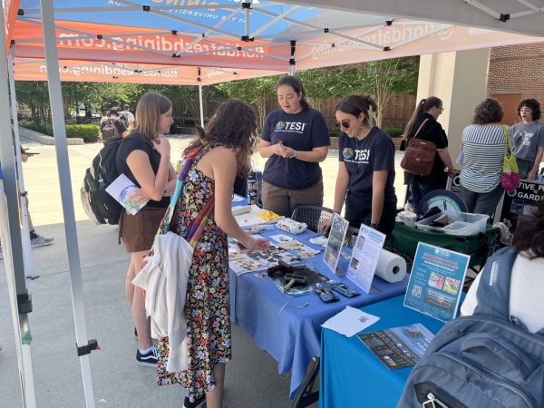 visitors talk with TESI interns at a table