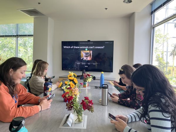 Group shot of TESI interns playing trivia game on their phone while sitting at a table together.