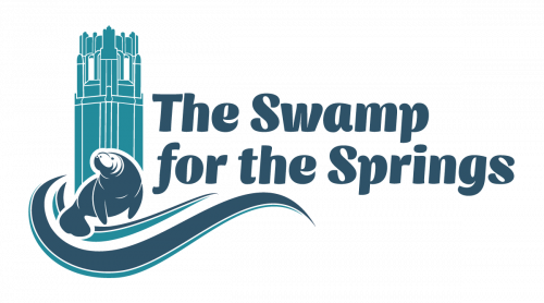the swamp for the springs logo, which is a silhouette of a manatee against a silhouette of century tower.