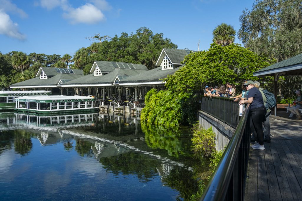 Fellows looking out over Silver Springs with the glass bottom boats and welcome building in the background behind the water.