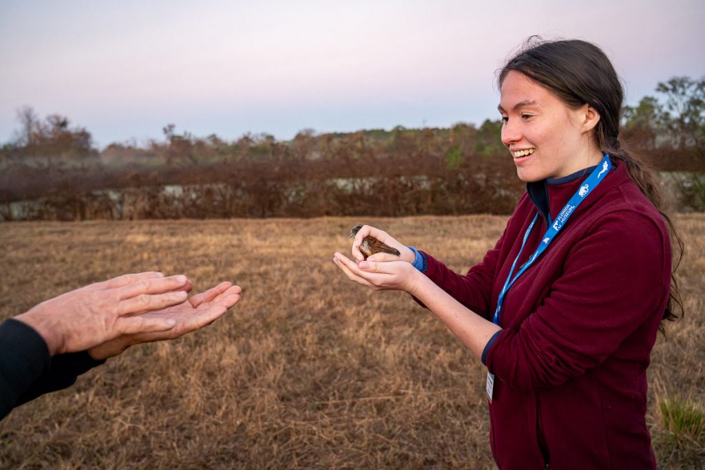 Hannah releasing a bird with bander's grip