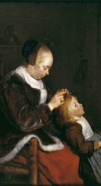 painting of woman looking for lice on child