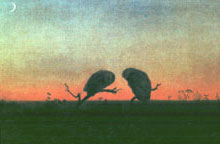 two owls at sunset oil painting