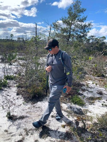 Researcher walking in scrub habitat.