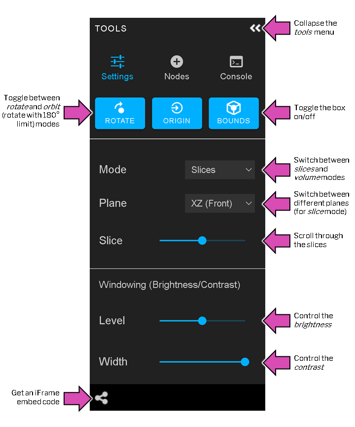 Tools control menu for MorphoSource's online 3D viewer.